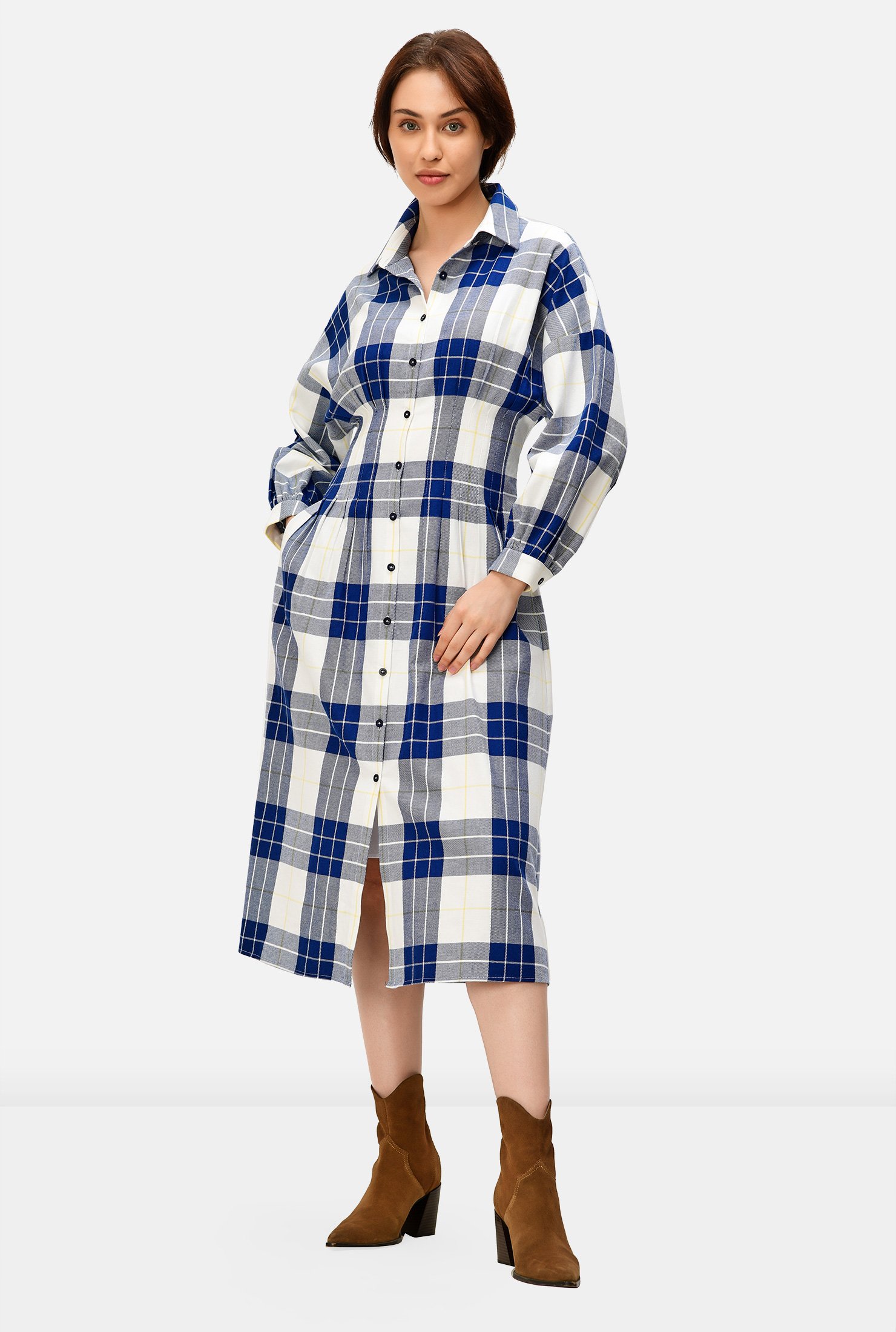 Cotton twill check release pleat shirtdress