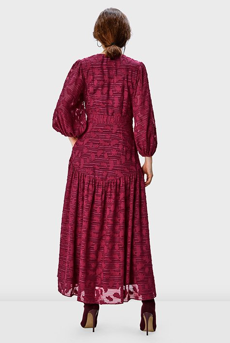 Shop Leaf burnout jacquard ruffle wrap dress | eShakti