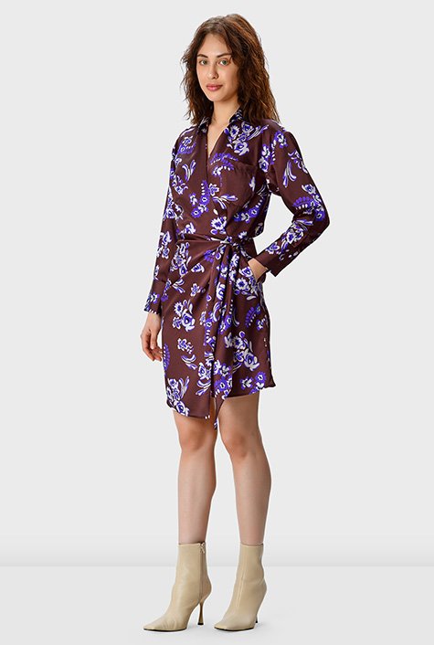 Pleated floral print satin wrap dress