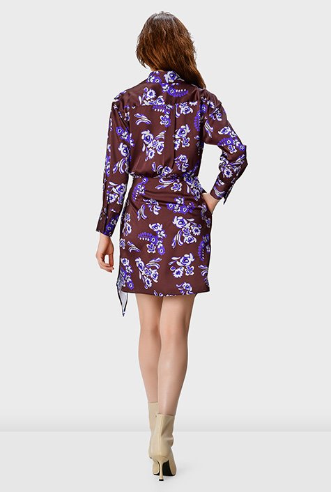 Pleated floral print satin wrap dress