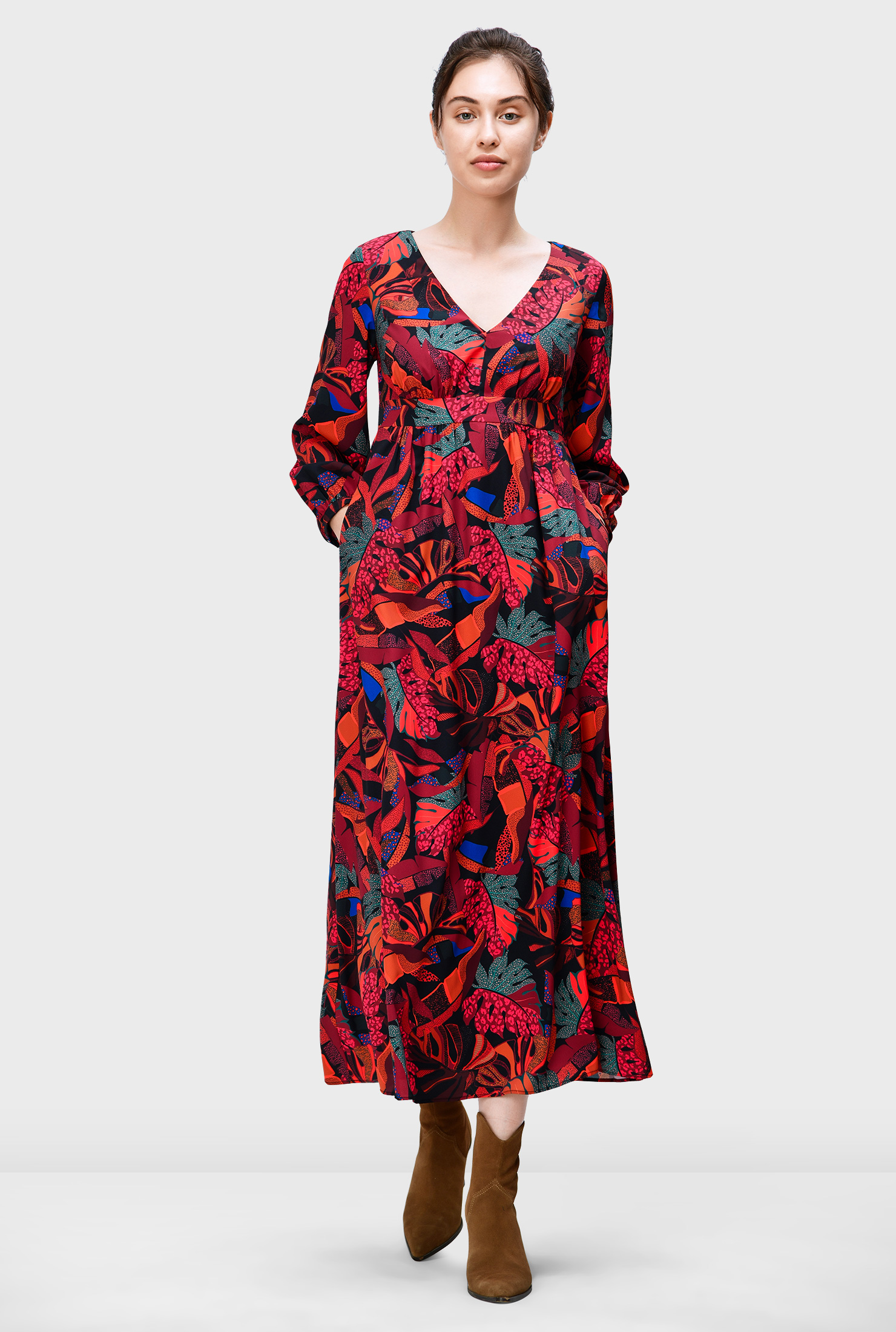 Shop Graphic leaf print crepe empire dress eShakti