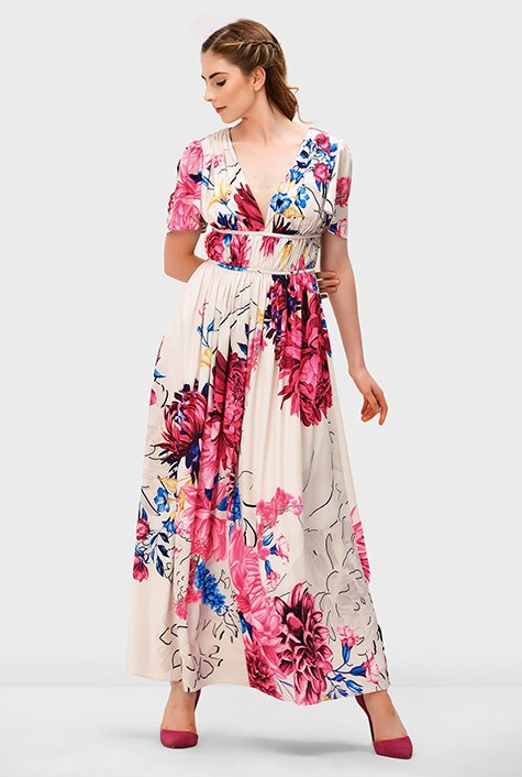 Shop Floral print crepe ruched empire dress | eShakti