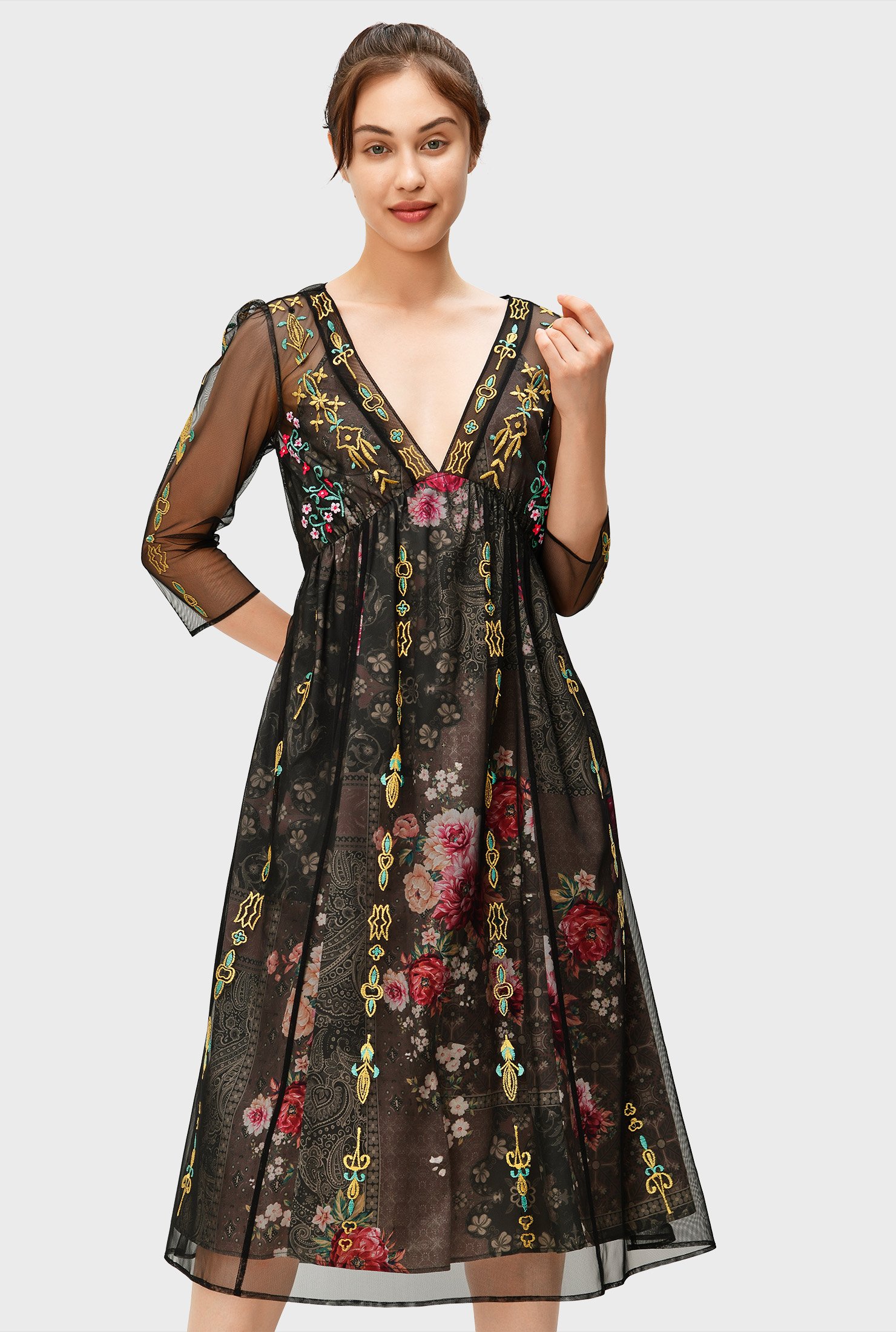 Graphic embroidery tulle overlay floral print crepe empire dress