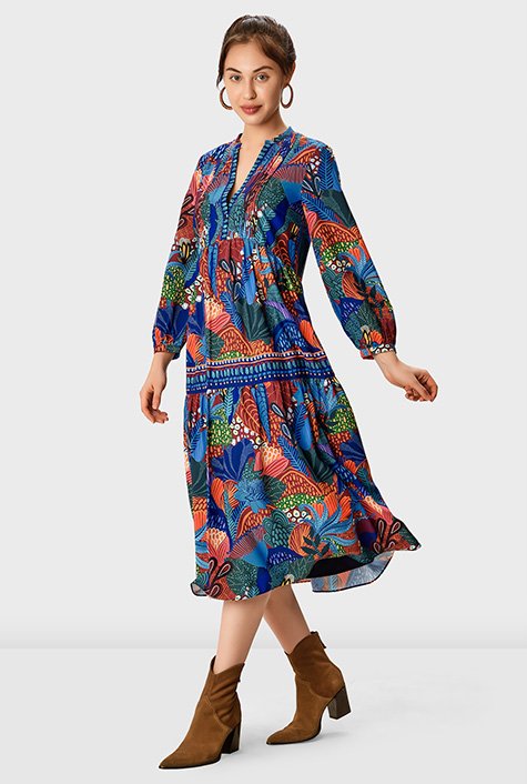 Pintuck pleat floral print crepe tiered dress
