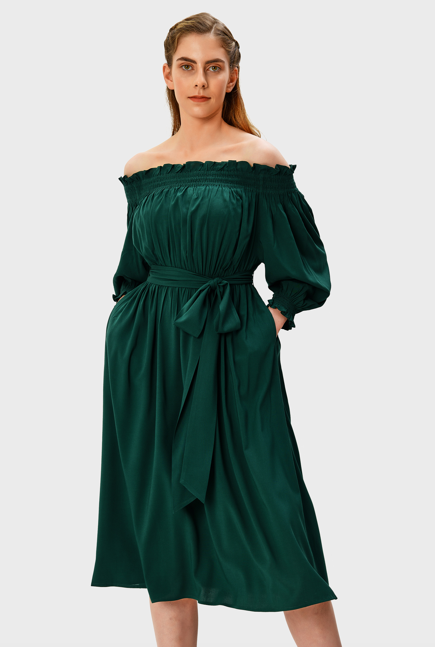 Shop Offtheshoulder smocked sashtie dress eShakti