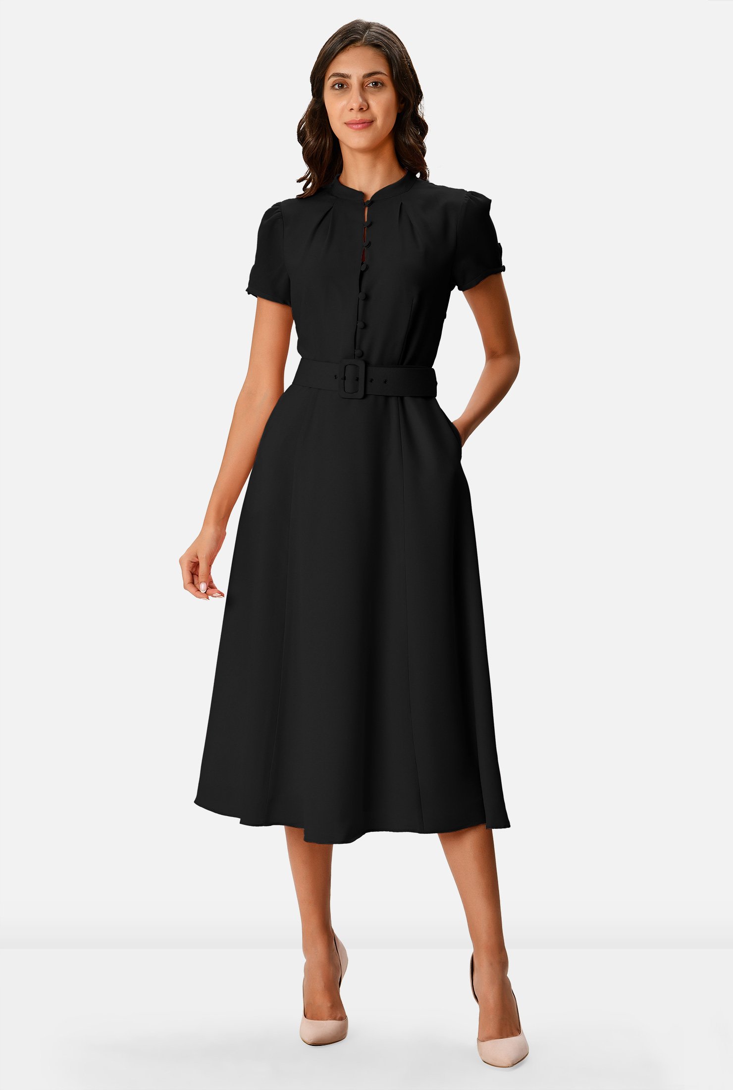 Shop Puff Sleeve Crepe Belted A-Line Dress | Eshakti