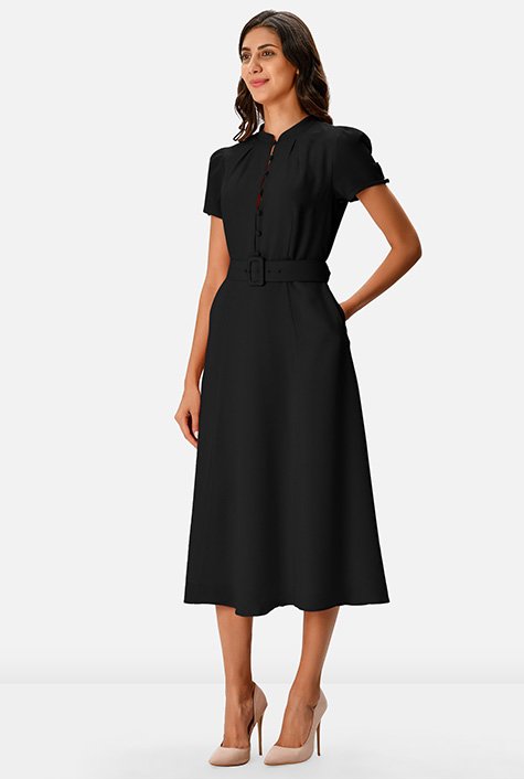 Puff sleeve crepe belted A-line dress