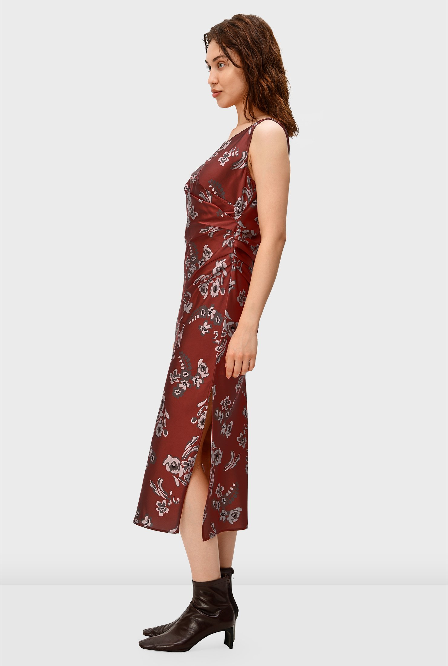 Shop Pleated Floral Print Matte Satin Sheath Dress Eshakti