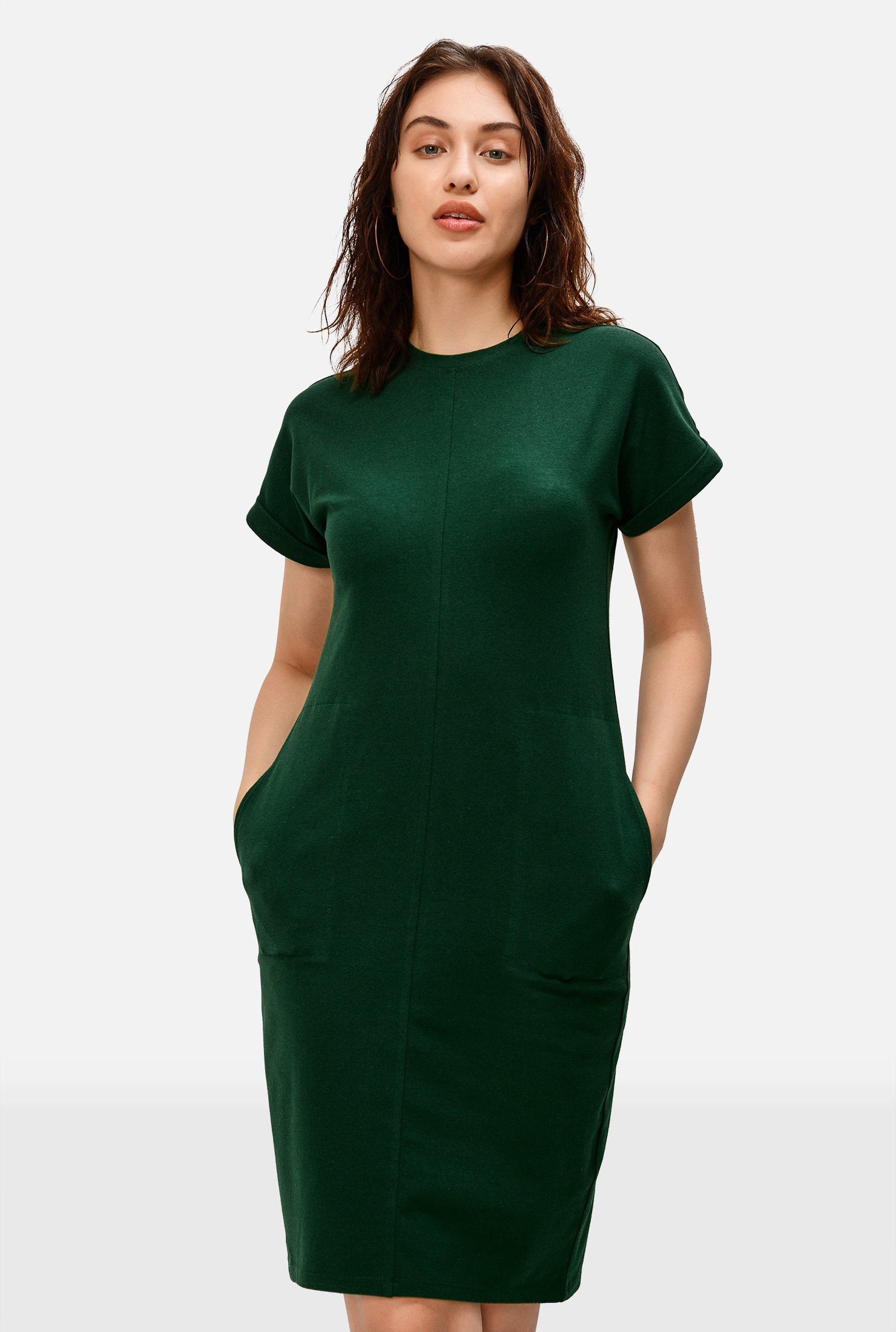 Olive Green Cotton Knee Length Dress A-Line Dress with Pockets Customizable Dress for Women