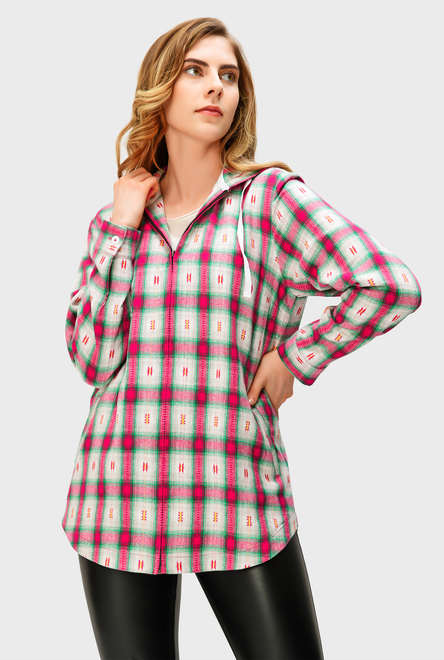 Shop Cotton check hooded shirt jacket eShakti
