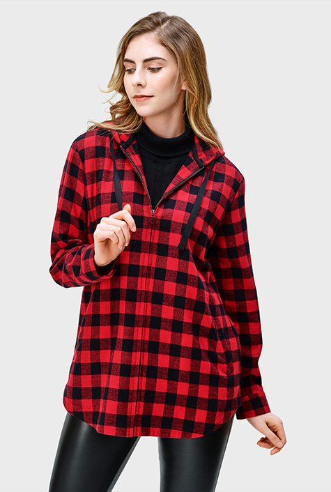 Flannel check hooded shirt jacket