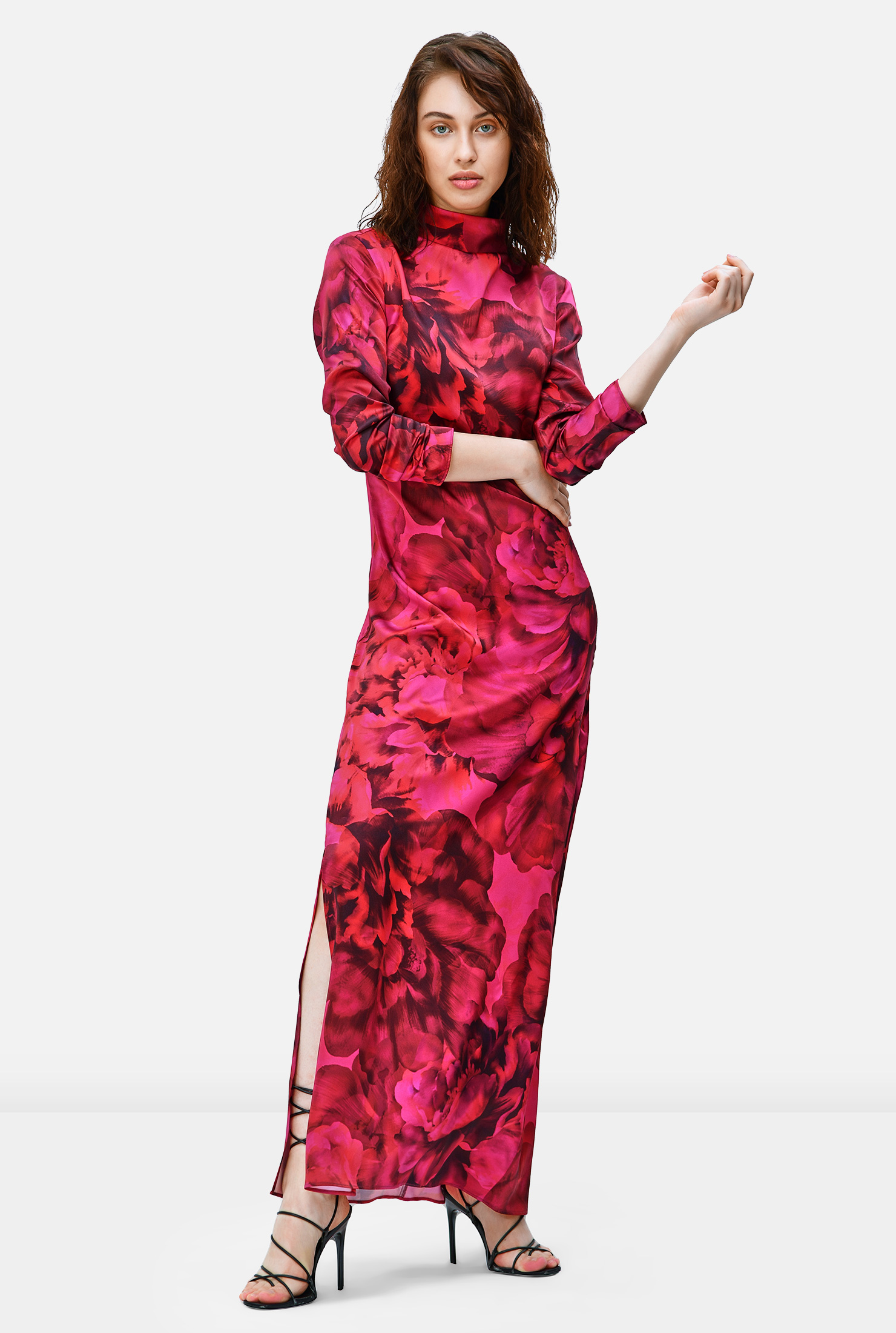 Shop Floral print satin vented maxi dress eShakti