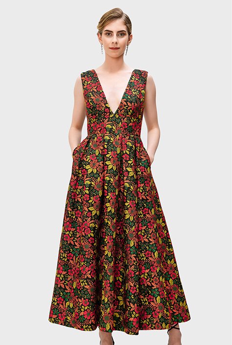 Shop Plunge floral jacquard dress | eShakti