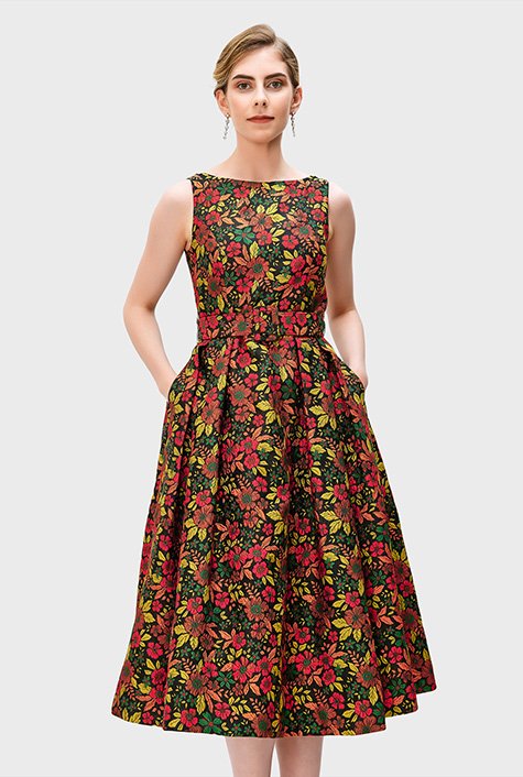 Shop Fall floral jacquard belted dress | eShakti