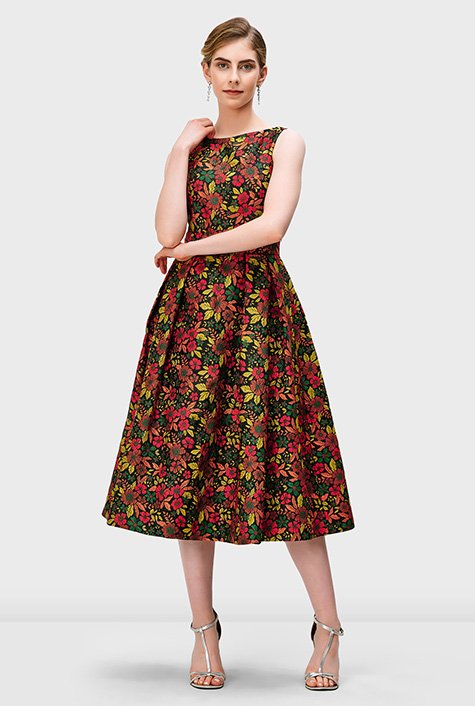 Shop Fall floral jacquard belted dress | eShakti