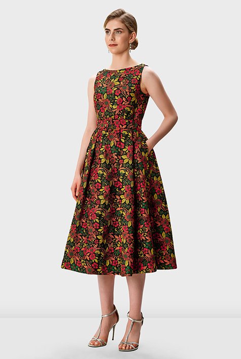 Shop Fall floral jacquard belted dress | eShakti