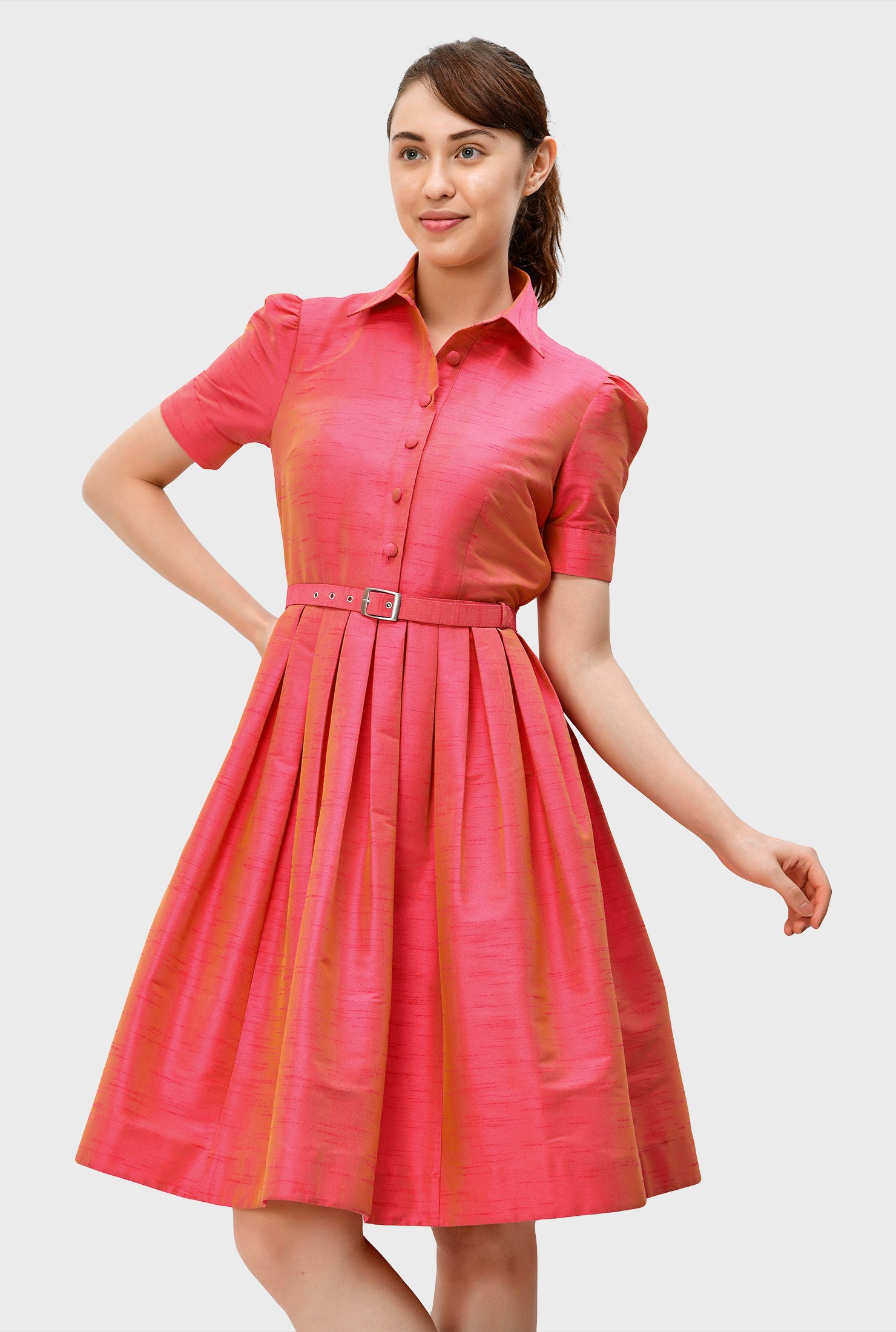Dupioni fit-and-flare belted shirtdress