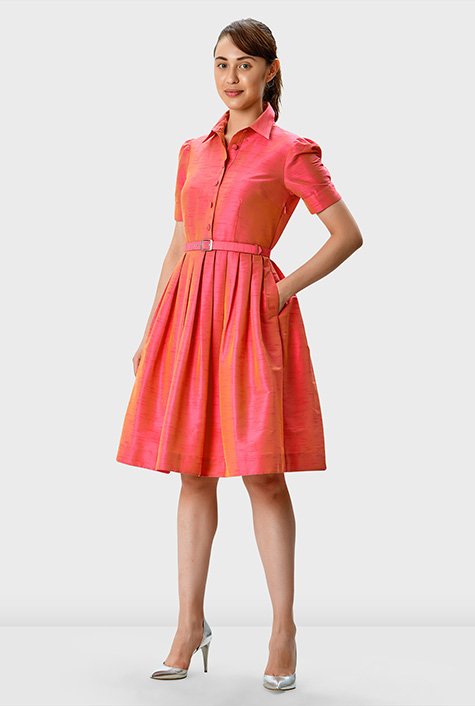 Shop Dupioni fit-and-flare belted shirtdress | eShakti