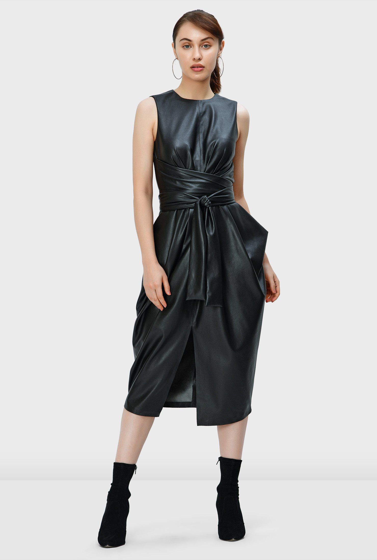 Shop Cowl pleat faux leather obi belt dress | eShakti