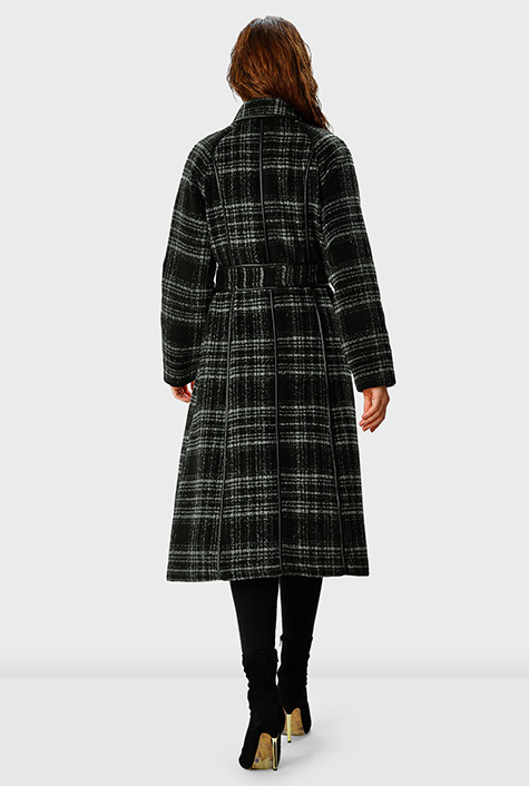 Shop Faux leather trim plaid wool-like coat eShakti