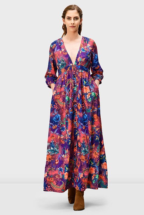 Shop Plunge ombre floral print crepe empire dress | eShakti