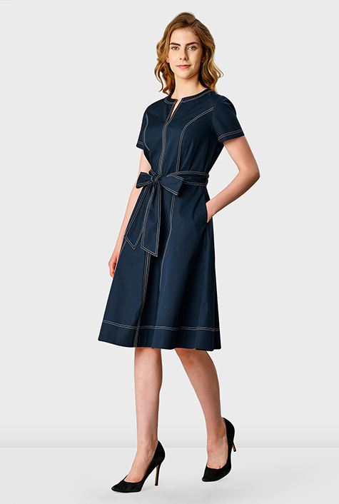 Shop Contrast top-stitch cotton poplin dress | eShakti