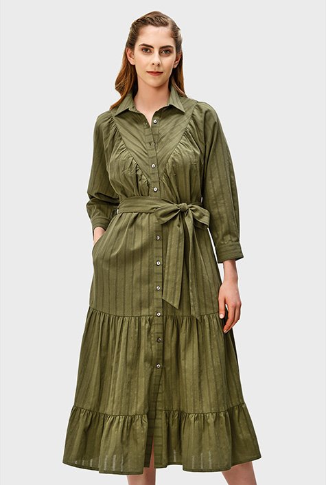 Floral lace trim cotton stripe tiered shift shirtdress