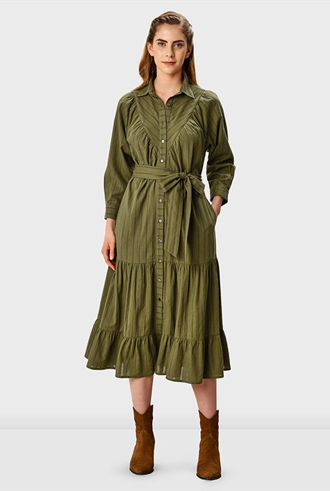 Shop Floral lace trim cotton stripe tiered shift shirtdress | eShakti