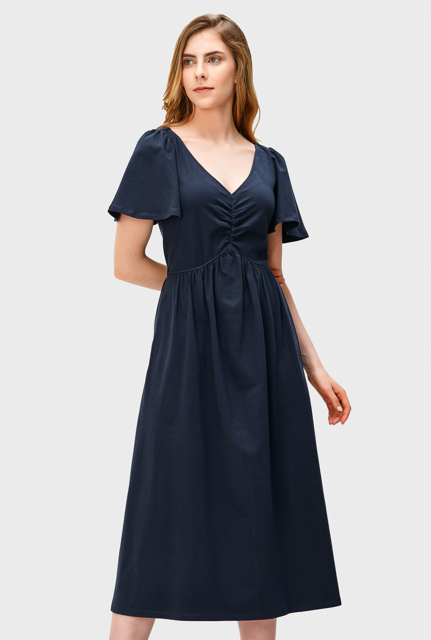 Shop Flutter sleeve cotton jersey ruched dress | eShakti