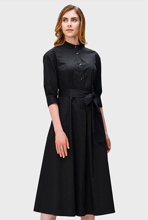 Cotton Poplin Cinched Waist Shirt Dress, Black