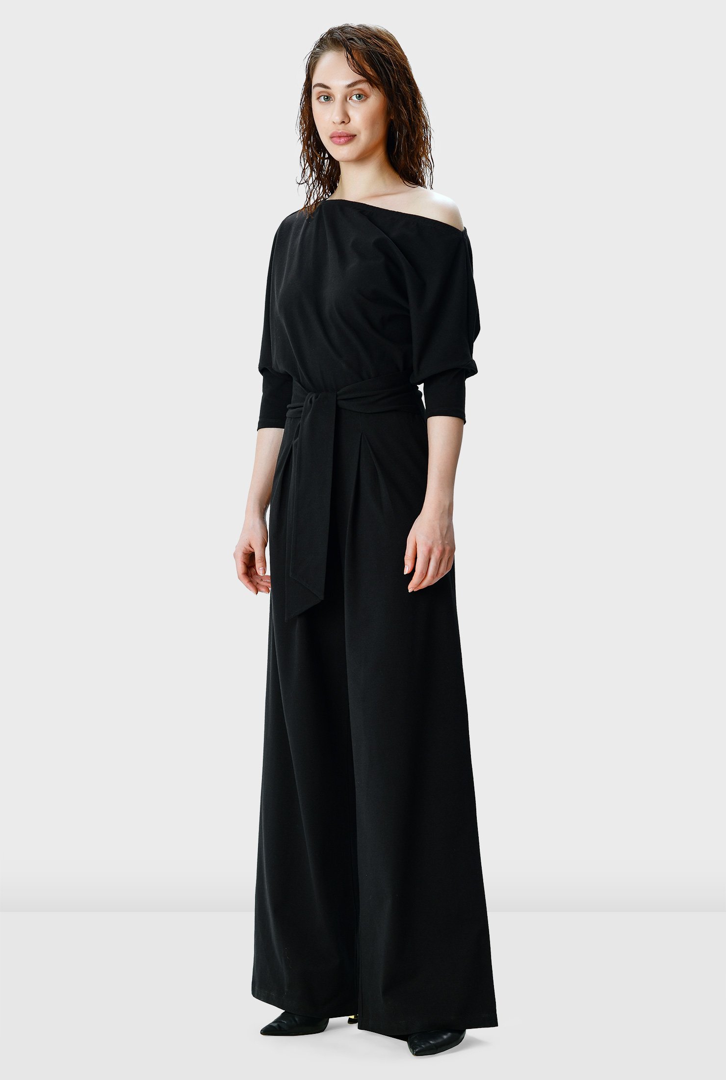 Asymmetric shoulder cotton jersey palazzo jumpsuit