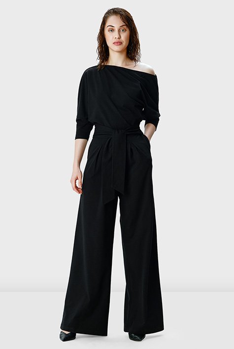 Shop Asymmetric shoulder cotton jersey palazzo jumpsuit | eShakti