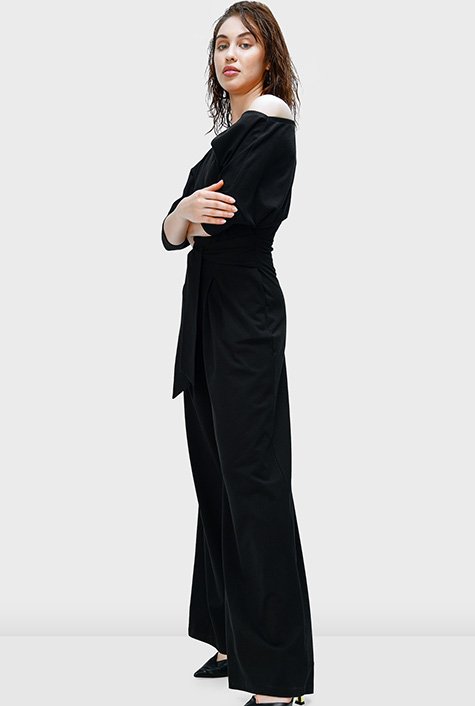 Asymmetric shoulder cotton jersey palazzo jumpsuit