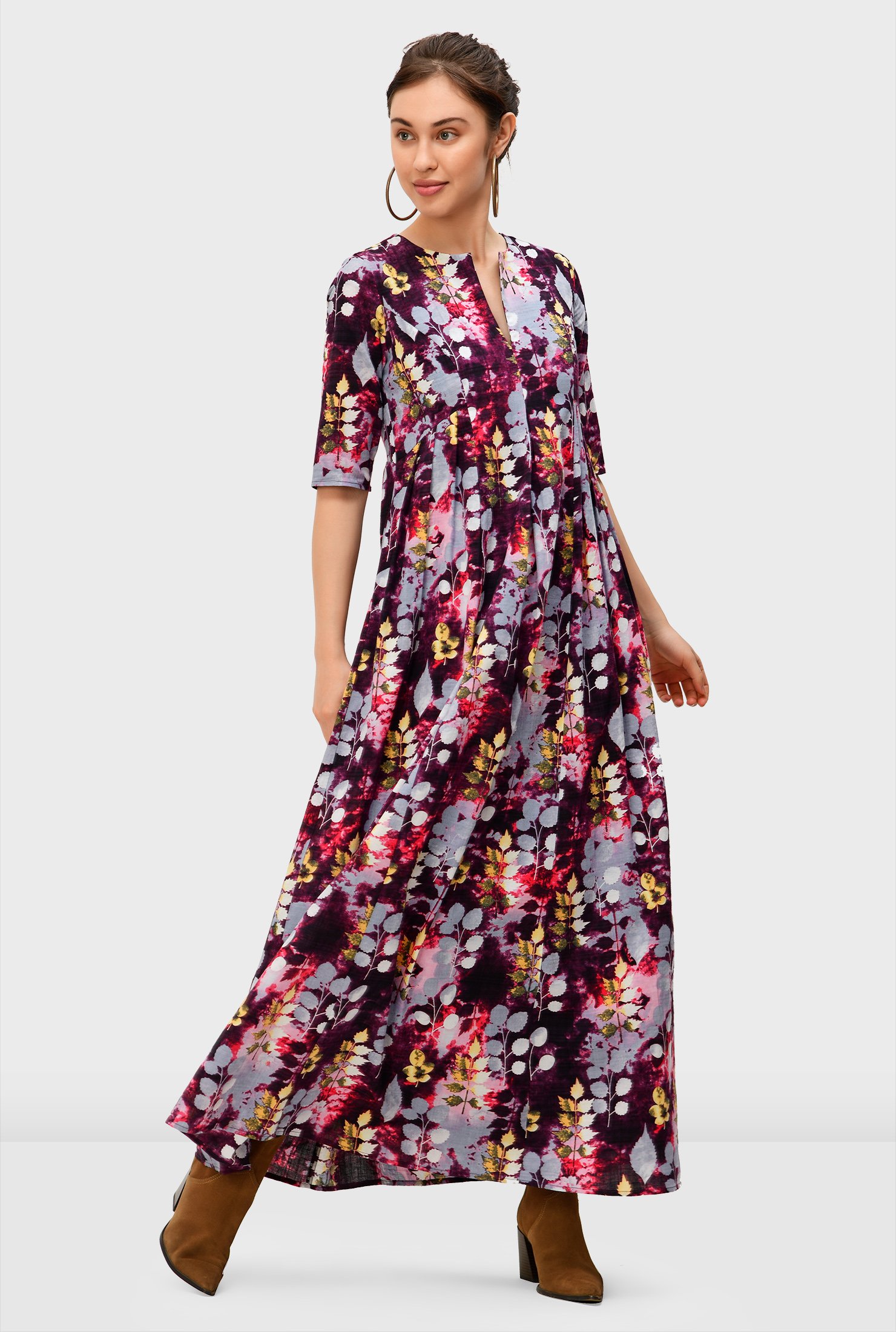 Shop Floral print cotton release pleat shift dress | eShakti