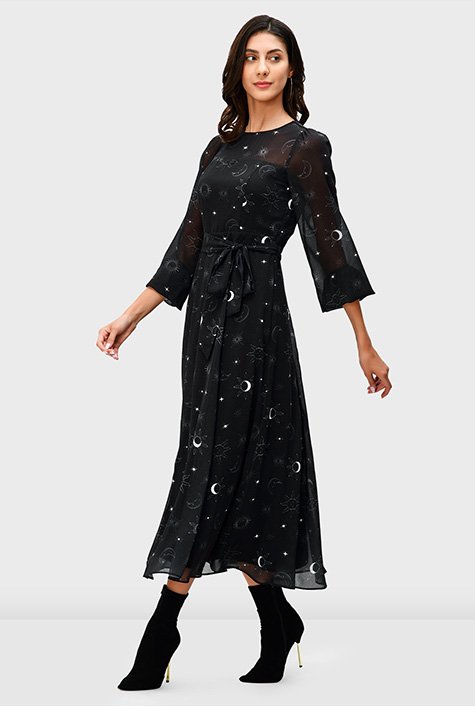 Celestial print patterns our sheer georgette dress styled with an illusion yoke and an optional self-sash-tie belt cinching in the flattering silhouette. 