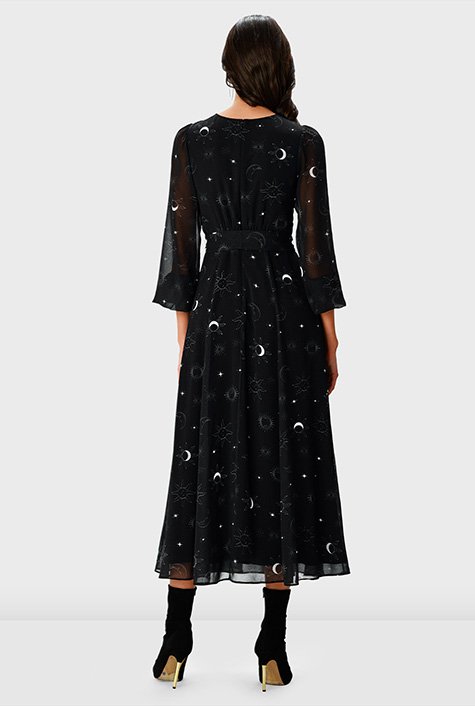 Celestial print patterns our sheer georgette dress styled with an illusion yoke and an optional self-sash-tie belt cinching in the flattering silhouette. 