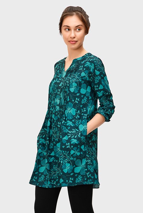 Shop Pintuck pleat floral print crepe tunic | eShakti