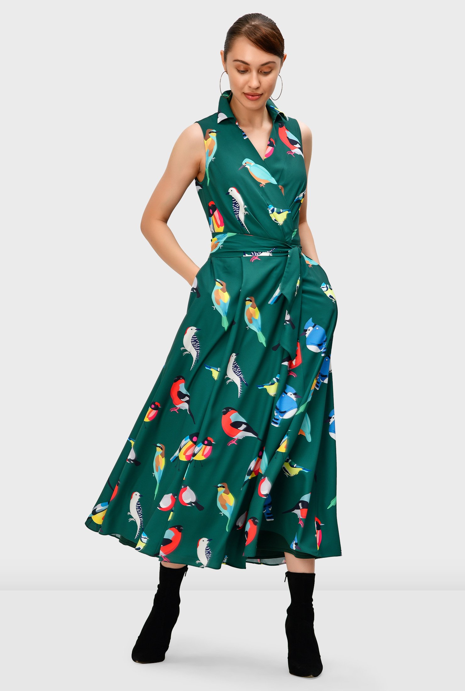 Shop Bird print crepe wrap dress | eShakti
