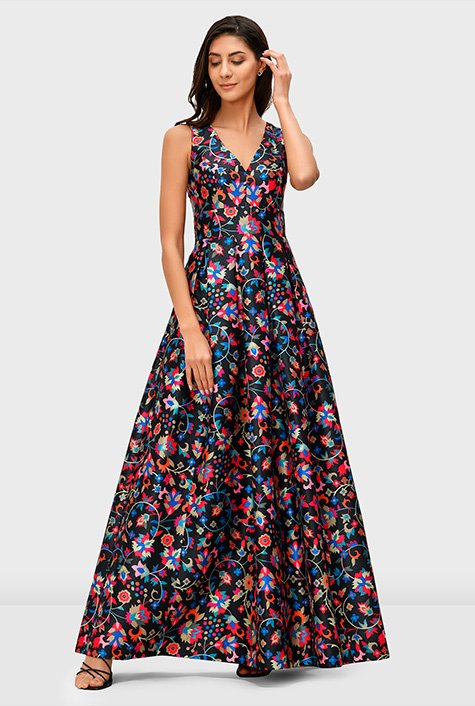 Shop Floral print dupioni maxi dress | eShakti