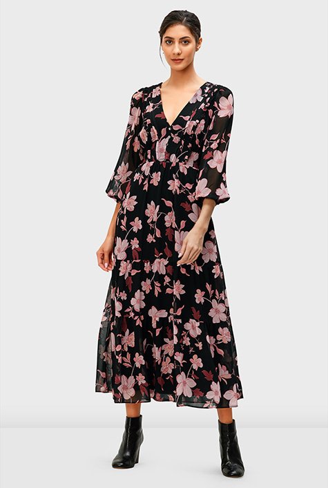 Shop Smocked empire floral print georgette dress | eShakti