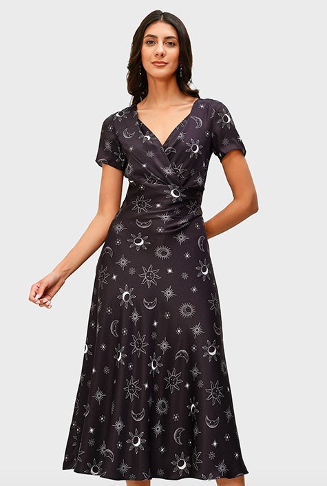 Shop Celestial print twill surplice dress eShakti