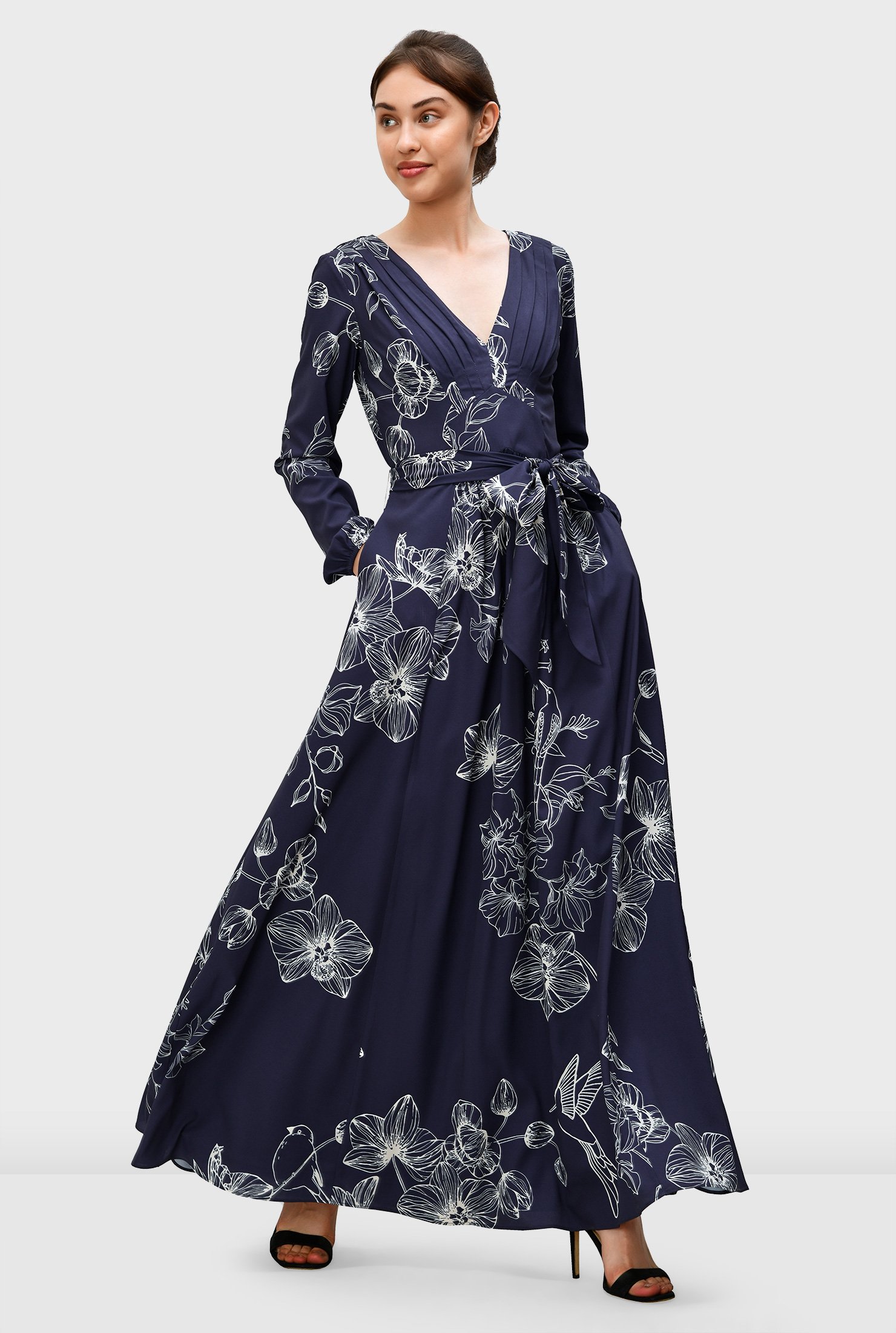 Shop Pleated floral print crepe empire dress | eShakti