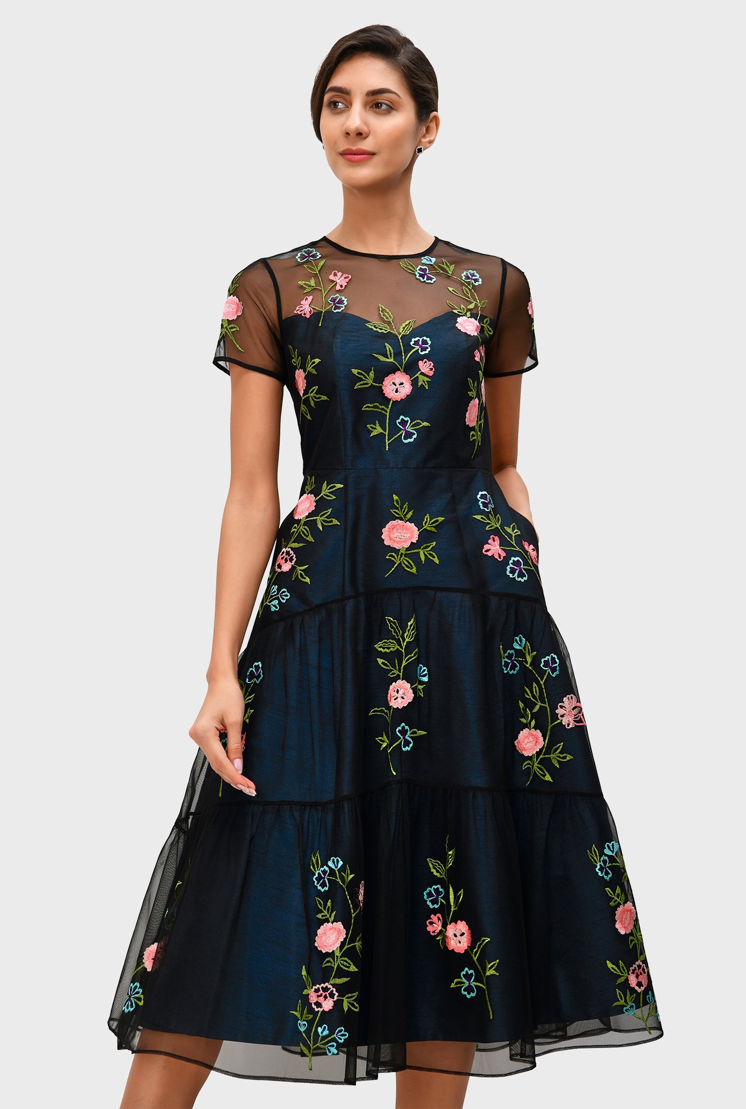Shop Floral embroidery illusion tulle and dupioni dress | eShakti