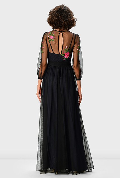 EMBROIDERED TULLE GATHER DRESS - BLACK