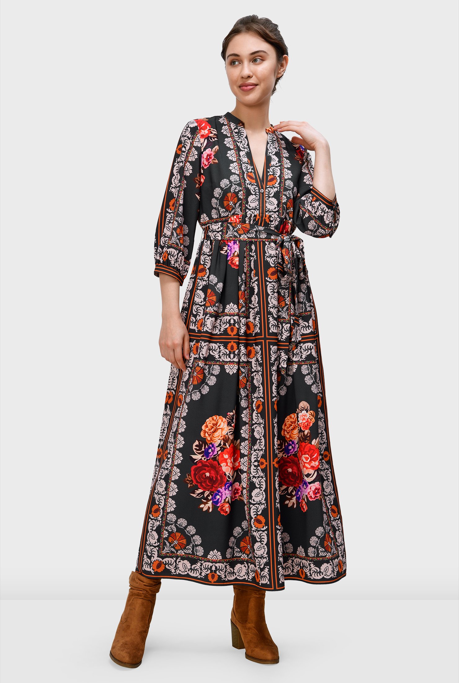 Shop Floral scarf print crepe empire shift dress | eShakti