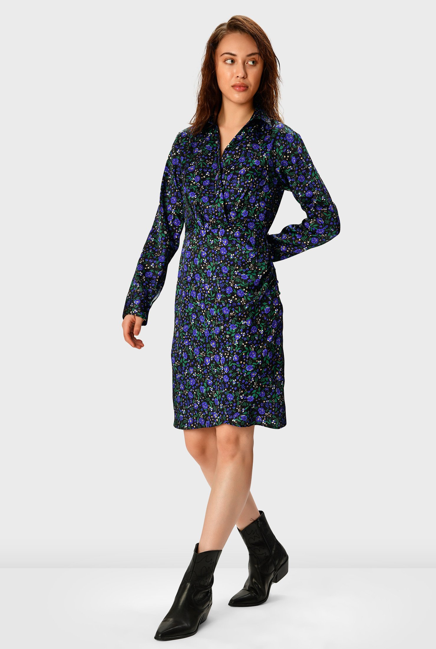 Shop Pleated floral print satin faux wrap dress | eShakti