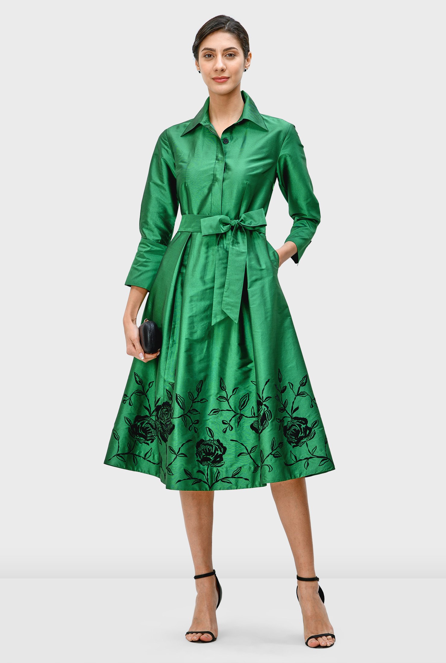 Rose embroidery taffeta shirtdress