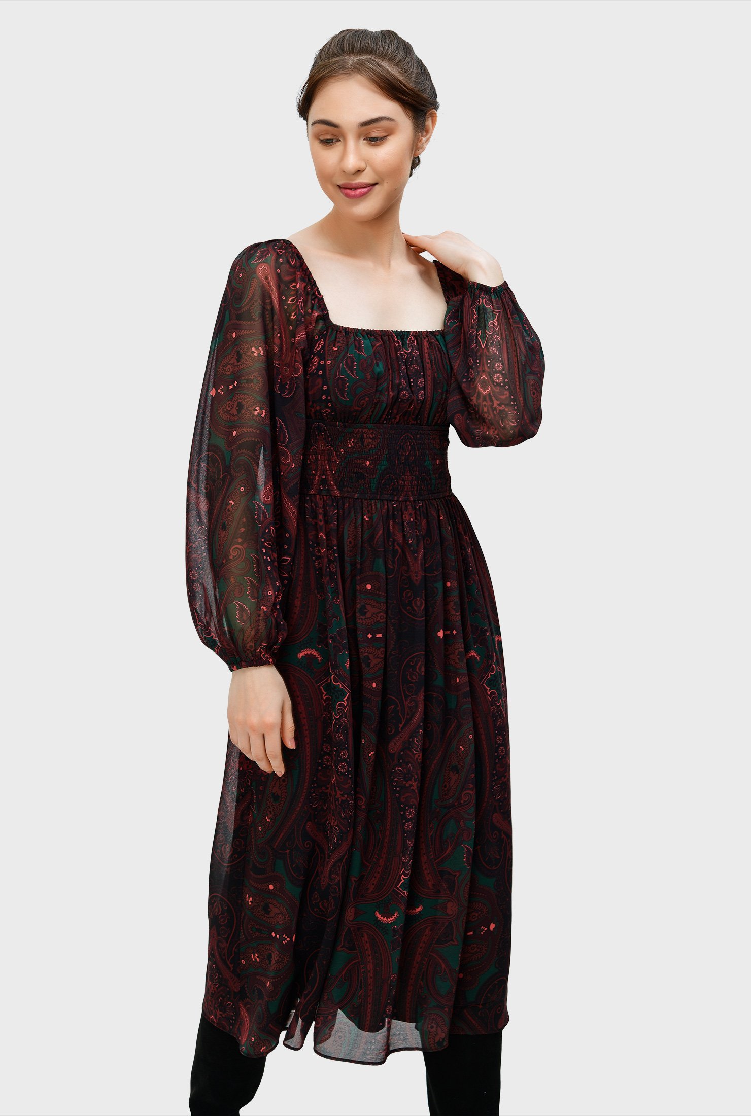 Shop Paisley scarf print georgette smocked dress | eShakti