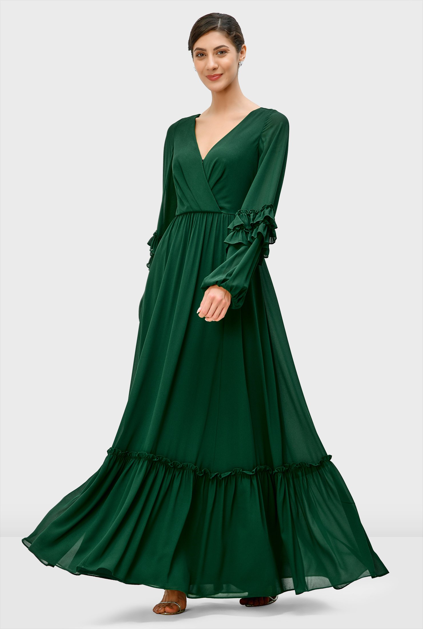 Cotton Evening Dress Gift for Her Maxi Dress Waist Belted Flounce Dress Green Summer Dress Ankle Lenght Long Dress Holiday Dress