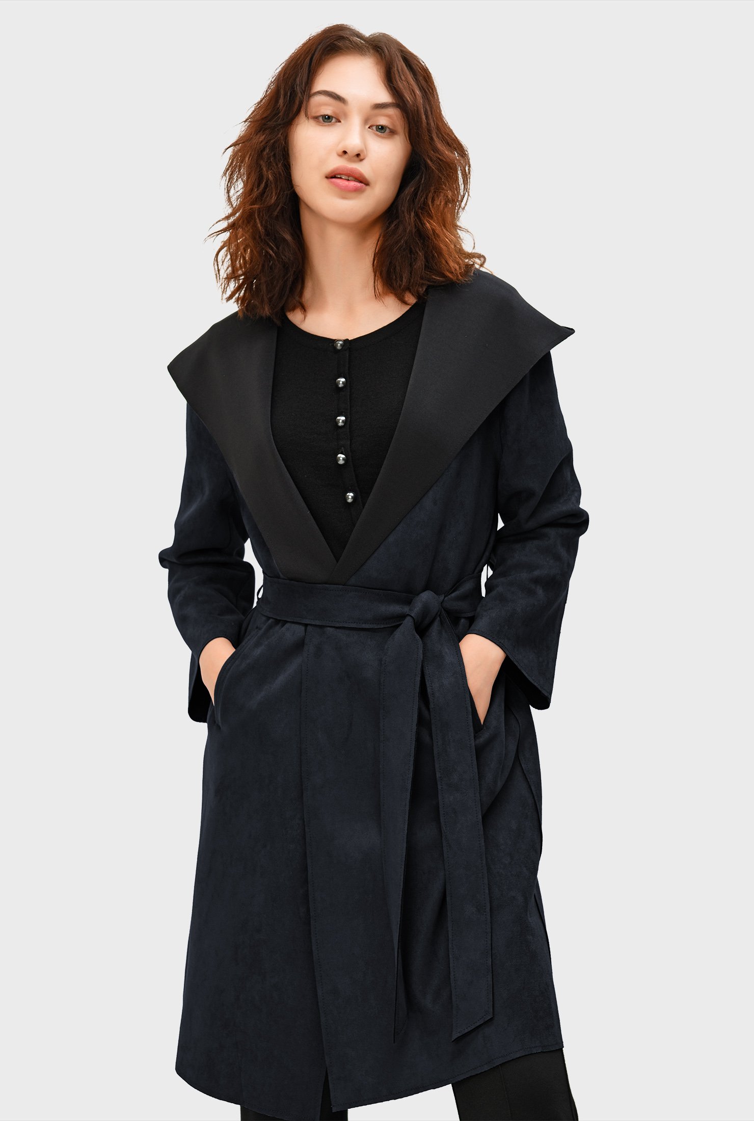 Shop Faux suede hooded wrap coat